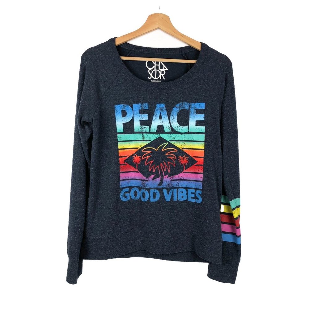 Chaser Peace Good Vibes Navy Tropical Palm Tree Rainbow Sweatshirt S